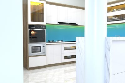 Tủ bếp acrylic vân gỗ kết hợp màu trắng