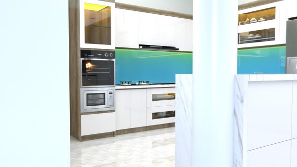 Tủ bếp acrylic vân gỗ kết hợp màu trắng