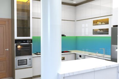 Tủ bếp acrylic vân gỗ kết hợp màu trắng