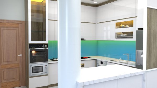 Tủ bếp acrylic vân gỗ kết hợp màu trắng