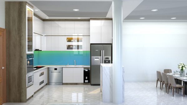 Tủ bếp acrylic vân gỗ kết hợp màu trắng