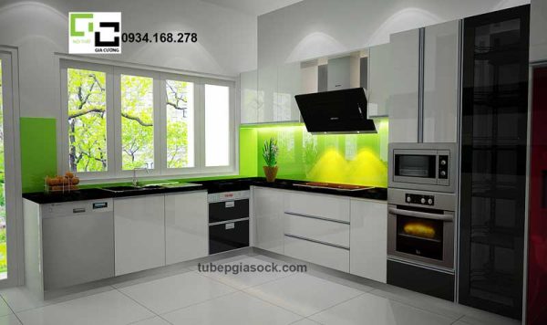 Tủ bếp Acrylic màu trắng phối điểm nhấn màu đen