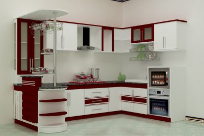 tủ bếp Laminate kingdom phối trắng và đỏ